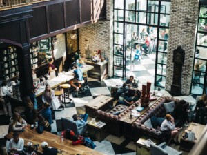 view of coffee shop and patrons from above